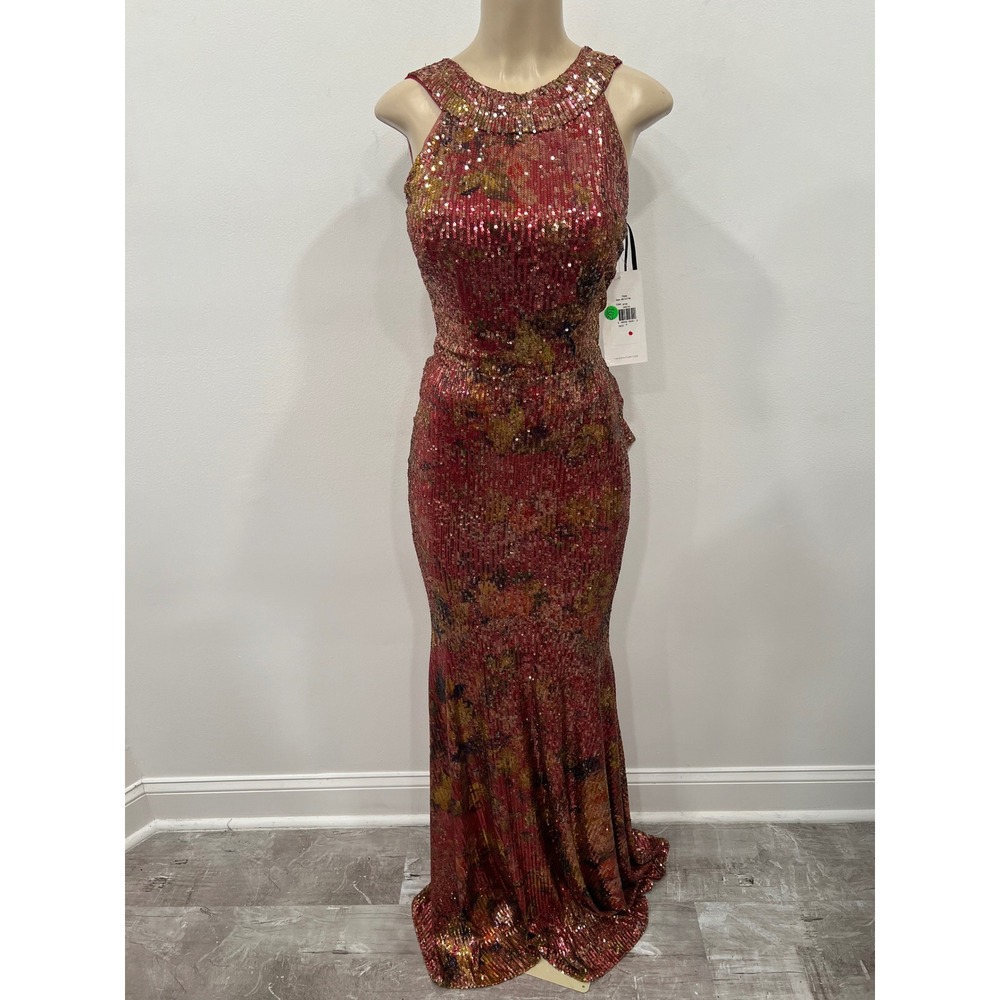 Theia Gown Sequin Halter Gown Multi Red Gold SZ 4 Formal Evening Dress Gala Bow